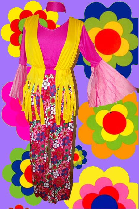 220✪ Trompetenärmel Peace Prilblumen Kleid Hippie Flower-Power 60er 70er Jahre 