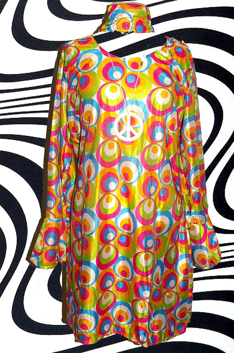 115✪ Psychedelic Retro Hippie Trompetenärmel Satin Kleid Kostüm 60er 70er Jahre 